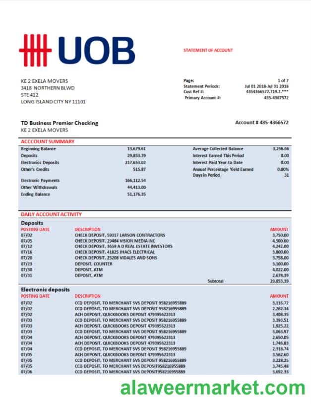 UOB (United Overseas Bank) firm account statement Word and PDF template